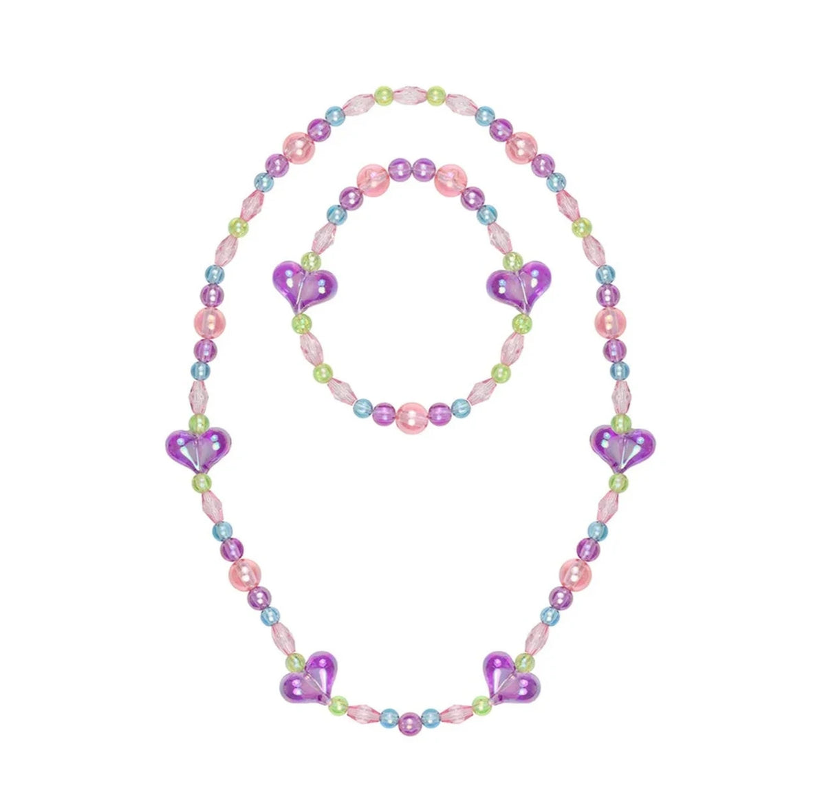 My Heart Will Go On Necklace & Bracelet Set with colorful beads and purple heart charms on elastic string for kids.