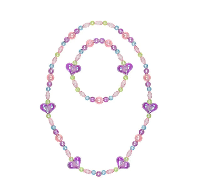 My Heart Will Go On Necklace & Bracelet Set with colorful beads and purple heart charms on elastic string for kids.