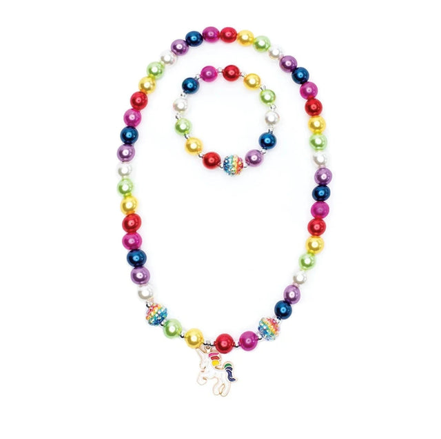 Gumball Rainbow Necklace & Bracelet Set with colorful beads and unicorn pendant, perfect for rainbow-themed occasions.