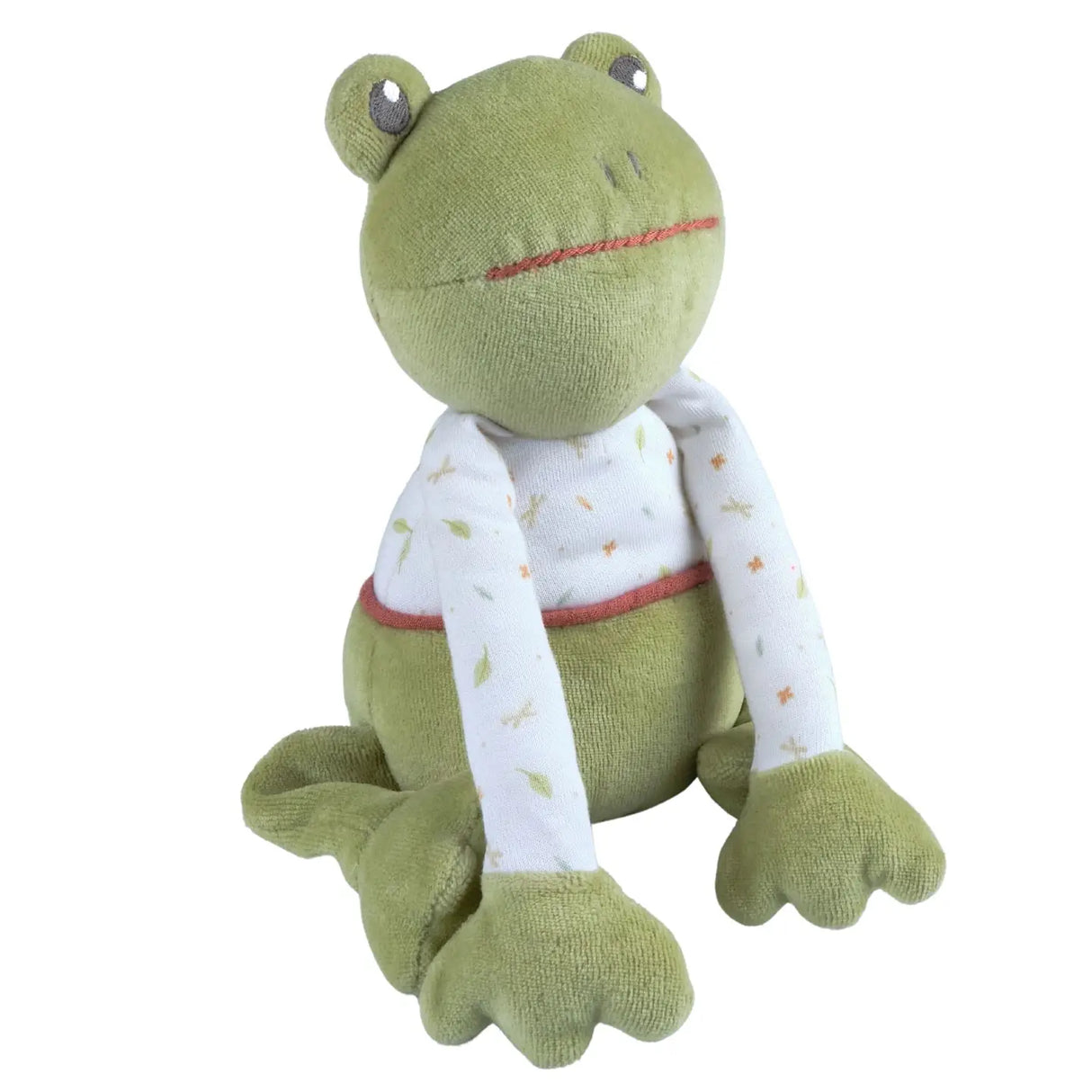Organic Gemba the Frog plush toy with long sleeve top, made from soft organic fabric, perfectly sized for little hands.