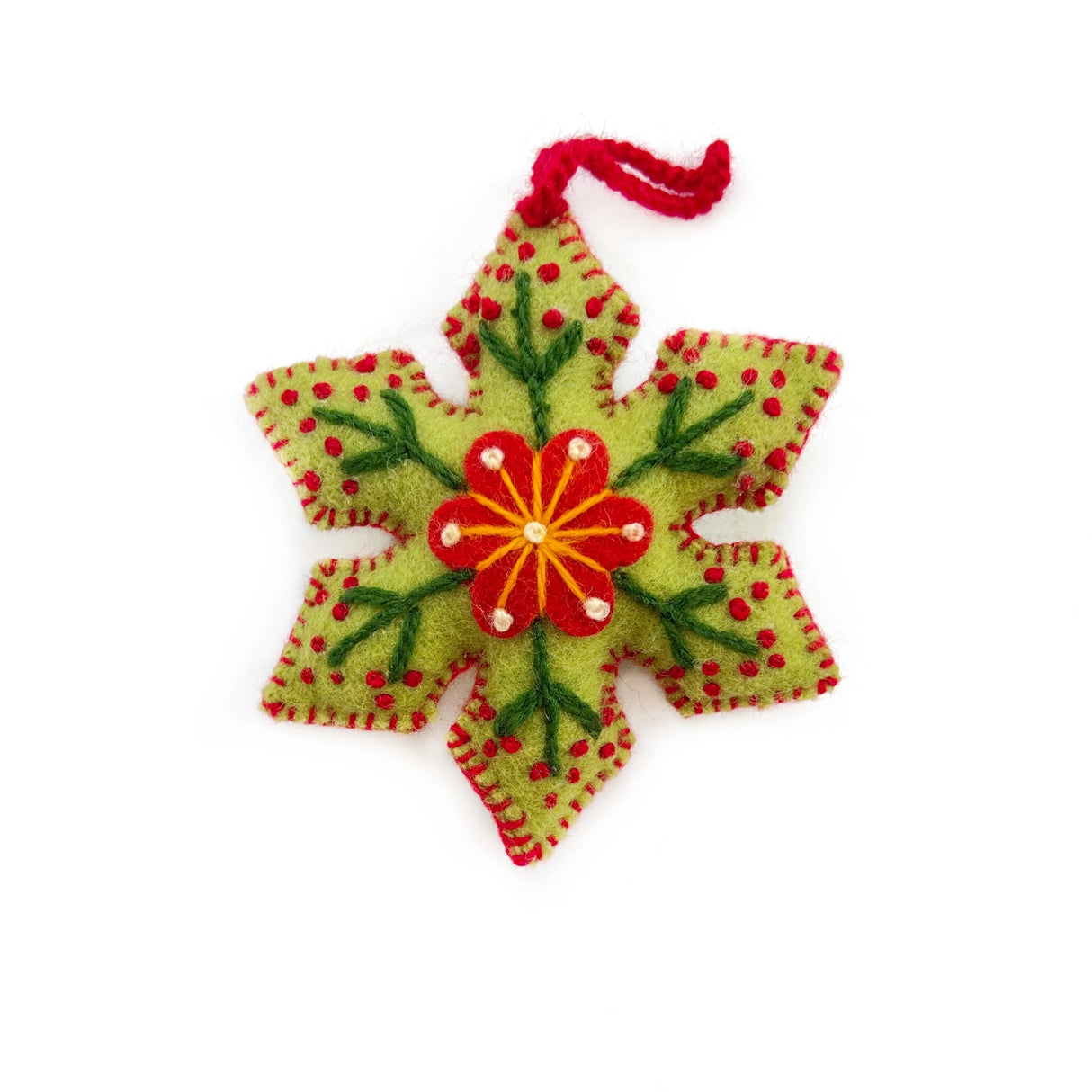 Colorful Snowflake Embroidered Ornament handmade wool snowflake with red and green vibrant embroidery from Peru.