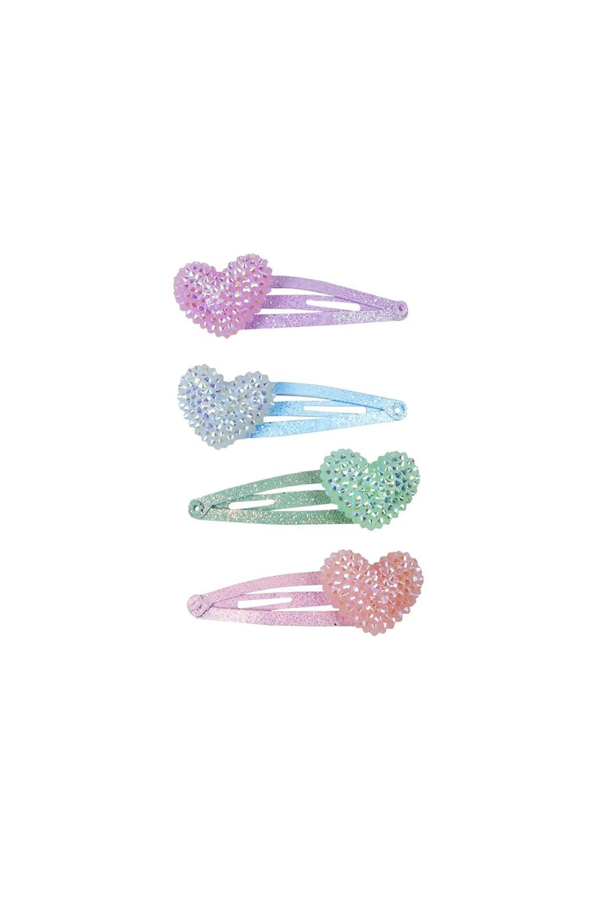Sparkle Heart Bobble Hair Clips set of 4 glitter heart enamel clips in pink, purple, mint, and blue colors.