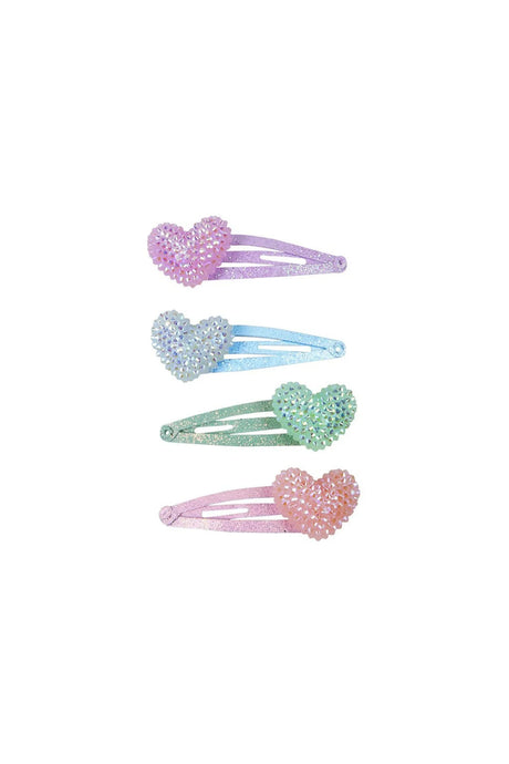 Sparkle Heart Bobble Hair Clips set of 4 glitter heart enamel clips in pink, purple, mint, and blue colors.