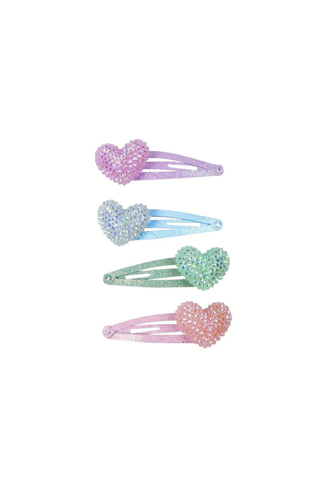 Sparkle Heart Bobble Hair Clips set of 4 glitter heart enamel clips in pink, purple, mint, and blue colors.