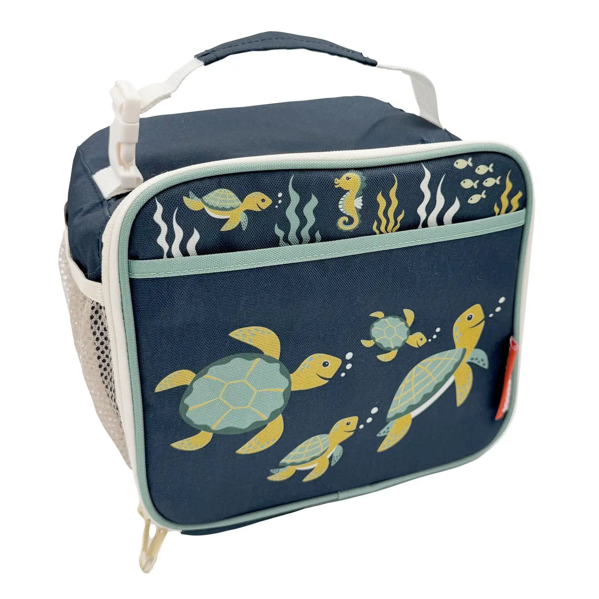 Insulated navy lunch tote with sea turtle print, side mesh pocket, zippered main compartment, and easy-carry handle for kids.