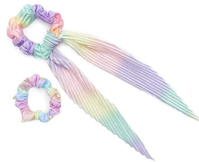 Pastel Rainbow Scrunchie set with pleated tail and pearl bead scrunchie in soft pastel rainbow colors.