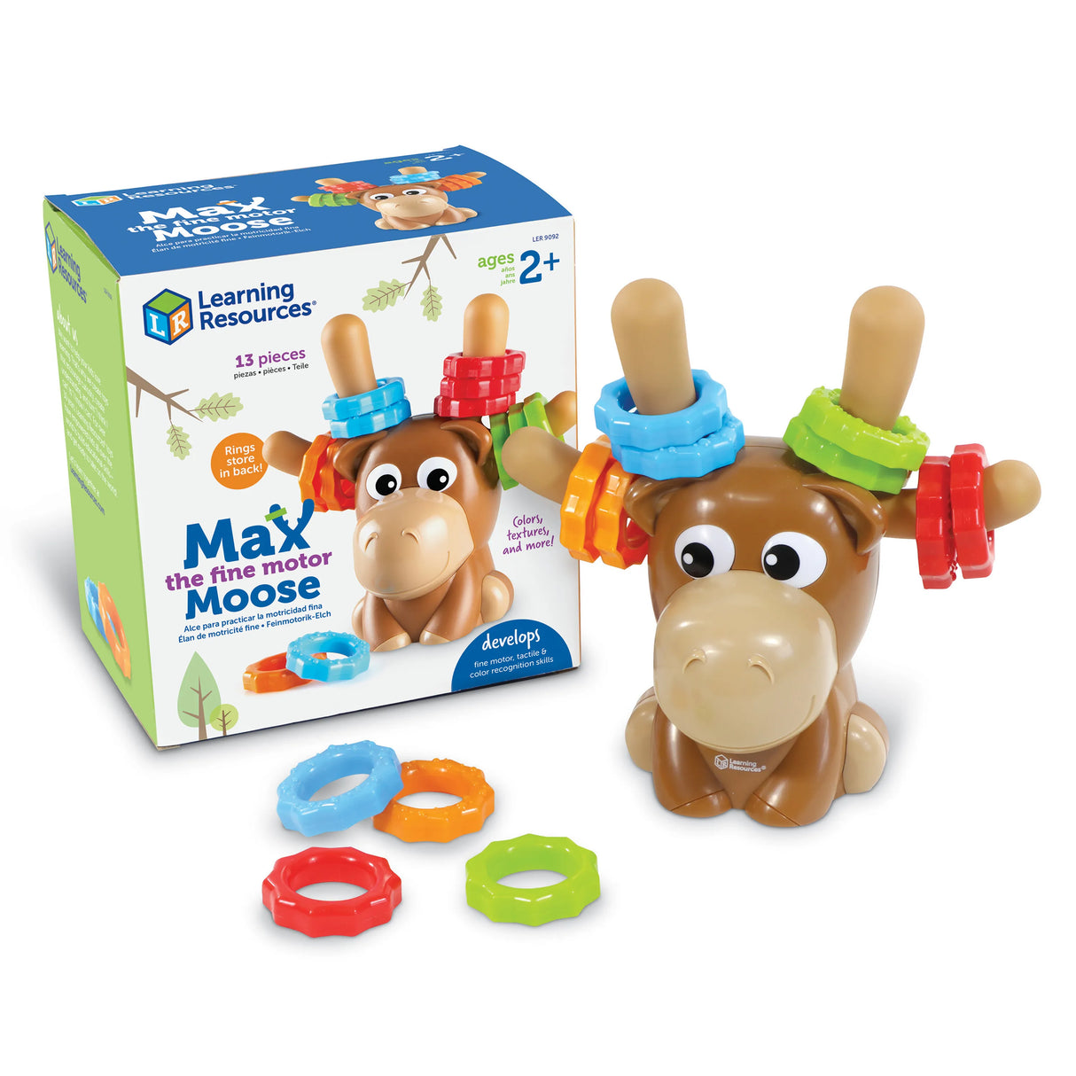 Max the Fine Motor Moose toy with colorful grabbable rings for toddler hand strength and fine motor skill development.
