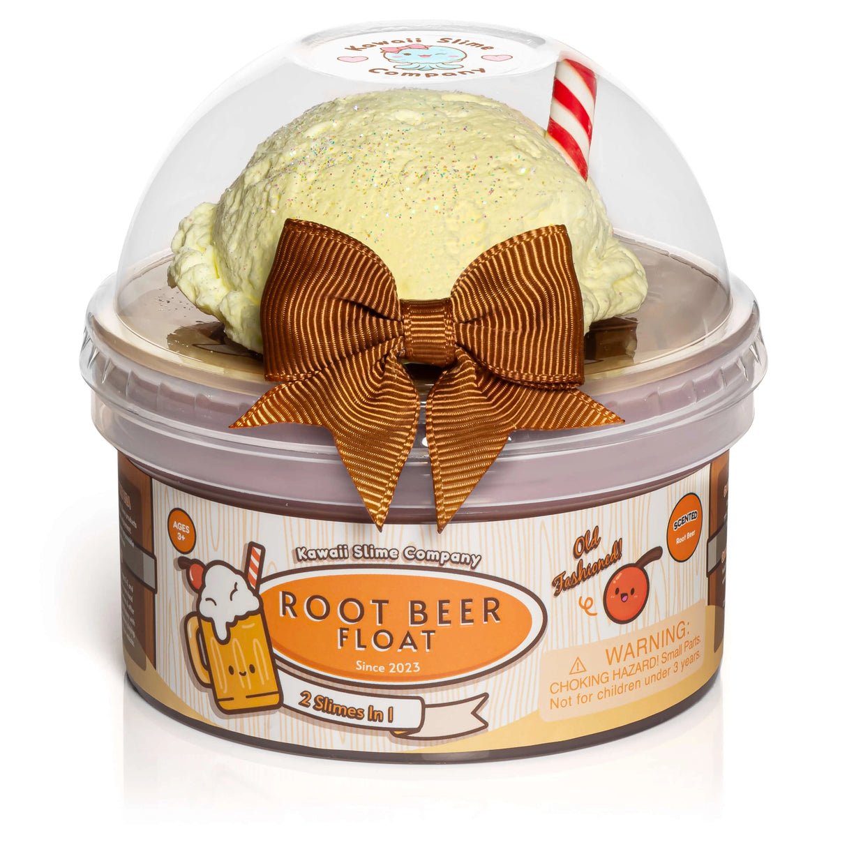 Root Beer Float 2 Slimes in 1! with glossy base and ice cream clay topper in clear dome container with brown bow