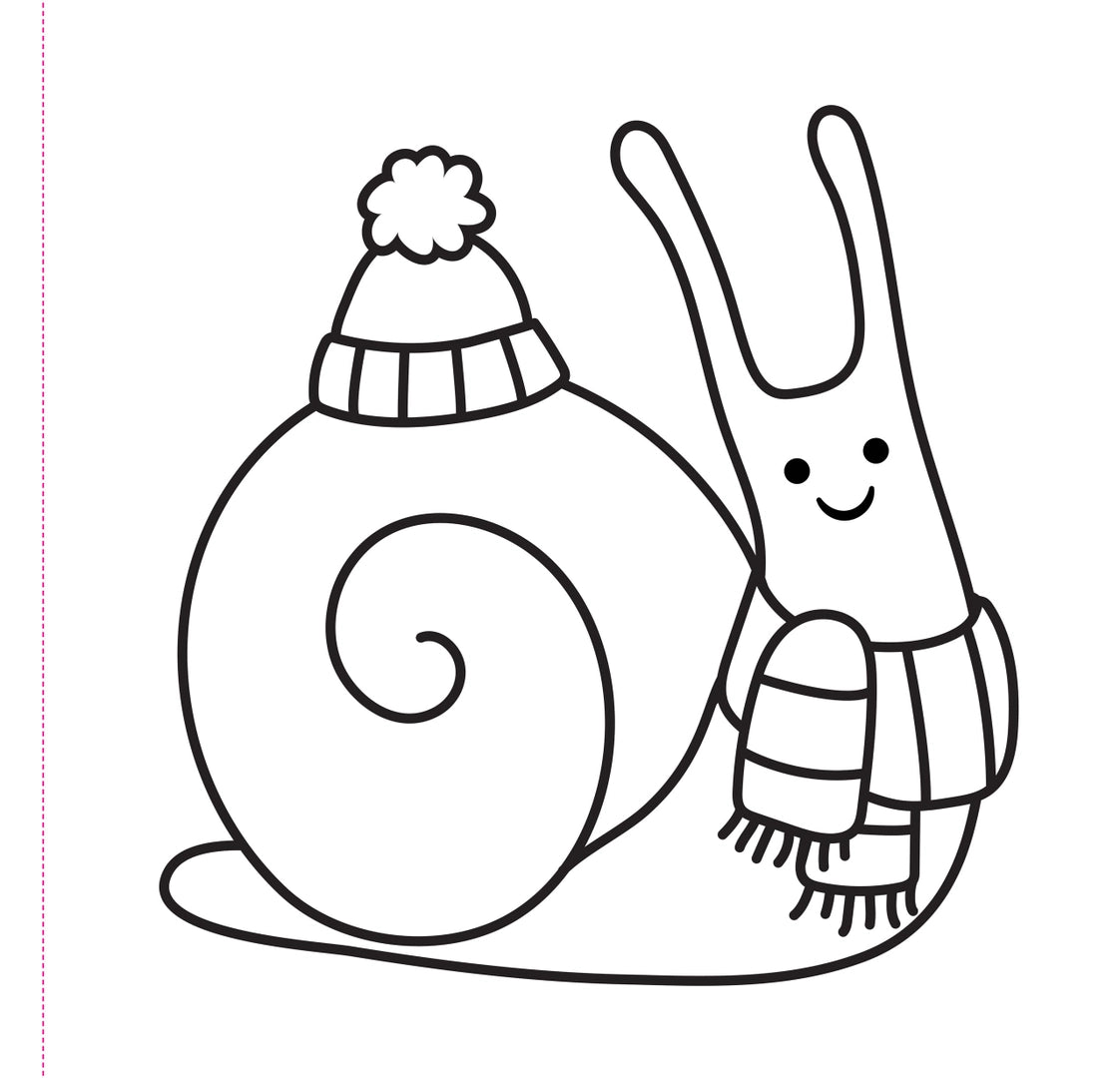 Cute snail wearing a winter hat and striped scarf in a simple black and white line art style coloring page.
