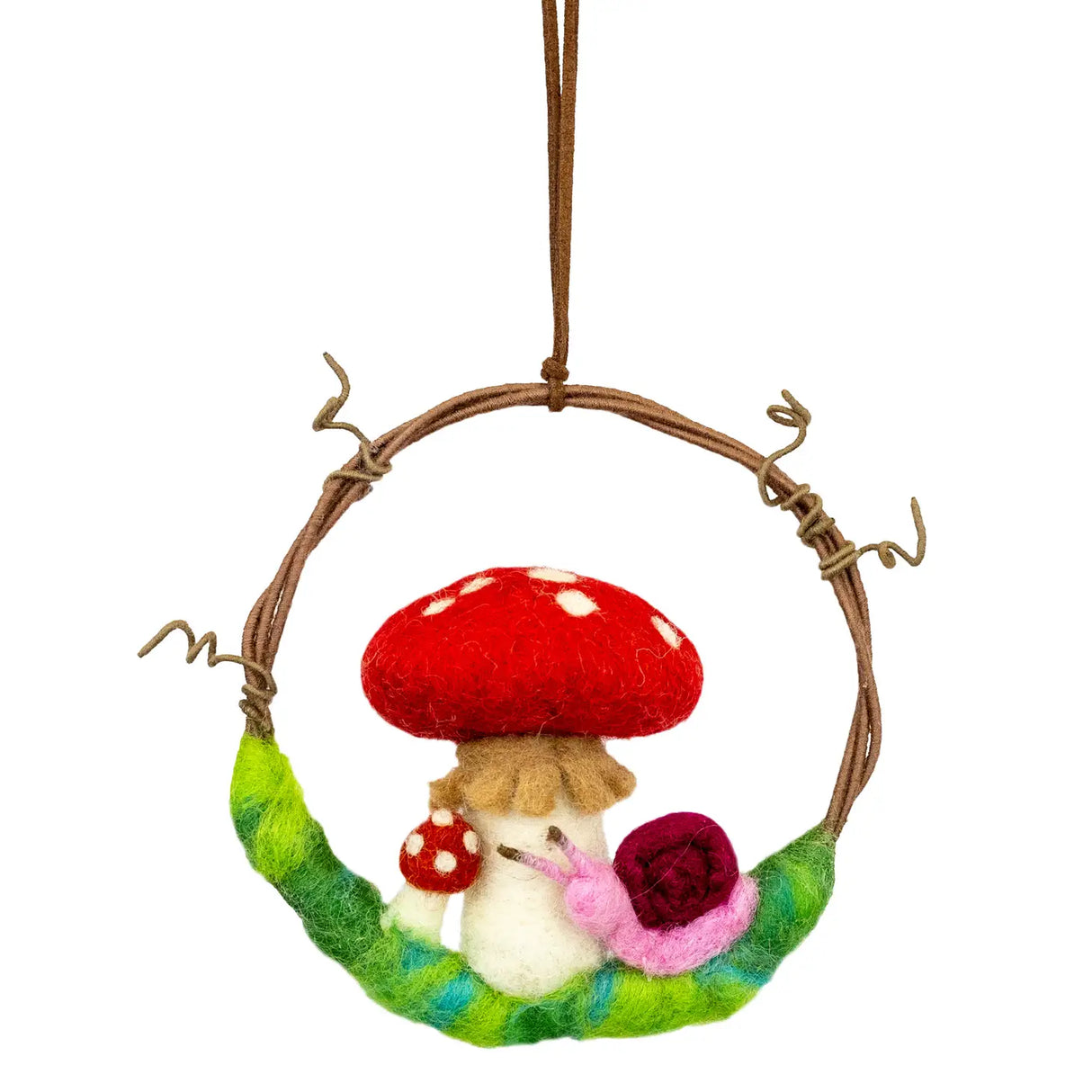 Mushroom Snail Wreath Felt Ornament with red mushroom and pink snail on a green felt wreath hanging by a brown string.