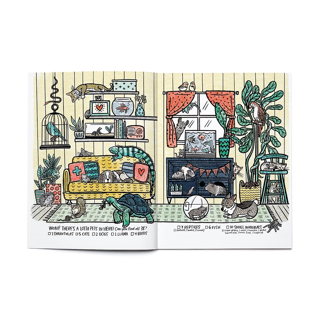 Open coloring book page showing a cozy room filled with various pets like cats, birds, fish, and rodents.