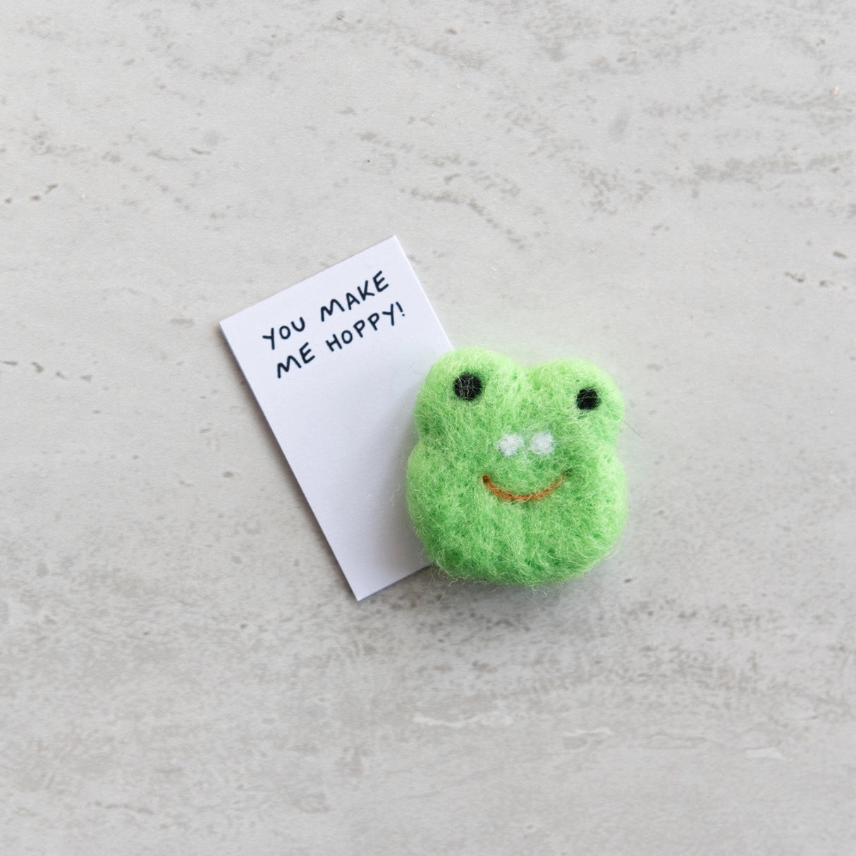 Toadally Awesome Felt Frog Matchbox with handmade green wool felt frog and "You Make Me Hoppy!" message card.