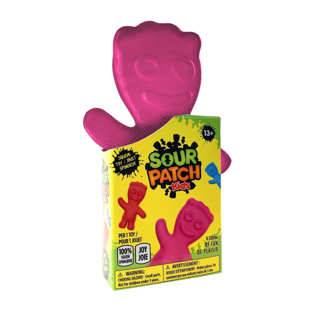 Squishy Candy | Sour Patch Kid translucent red squishy toy in yellow branded packaging, 7 inches long stress relief toy.