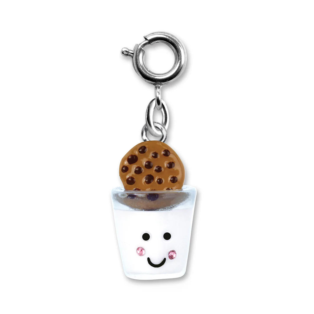 Milk & Cookies Charm featuring a 3D enamel glass of milk with a smiling cookie on top.