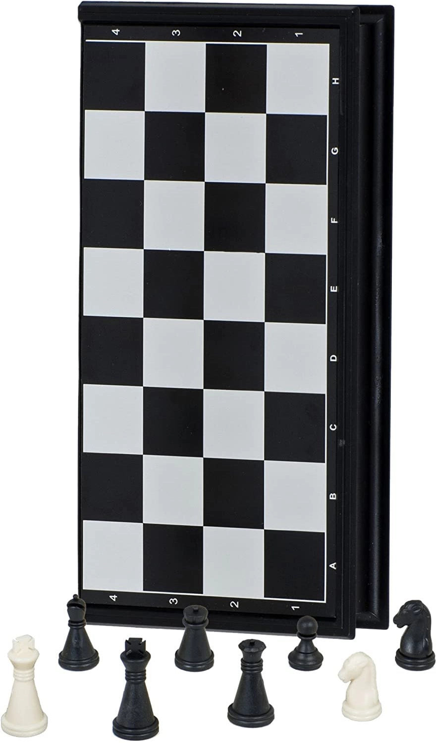 Magnetic travel chess board standing upright with black and white chess pieces displayed in front on white background.