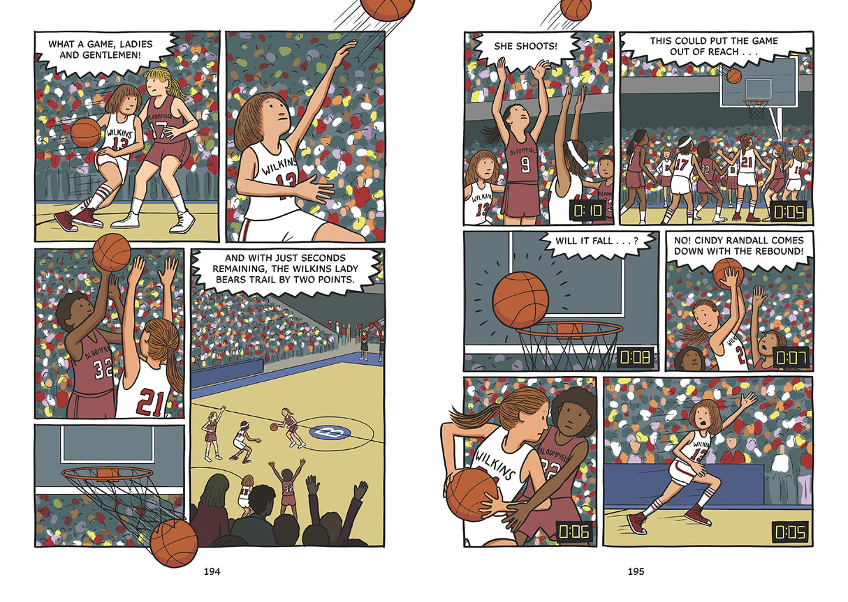 Hoops graphic novel pages showing a high school girls' basketball game with intense action and a cheering crowd.