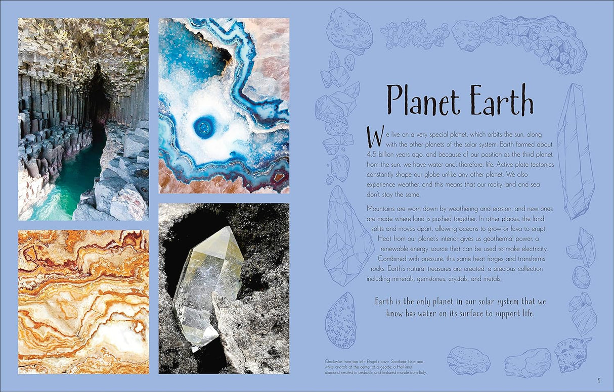 Image from the book Anthology of Our Extraordinary Earth showing mineral formations and an educational Earth facts page for kids.