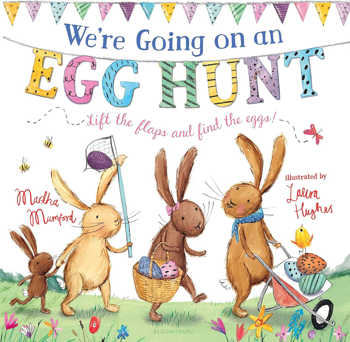 We're Going on an Egg Hunt book cover with bunnies, colorful eggs, and springtime flowers for an Easter egg hunt story.
