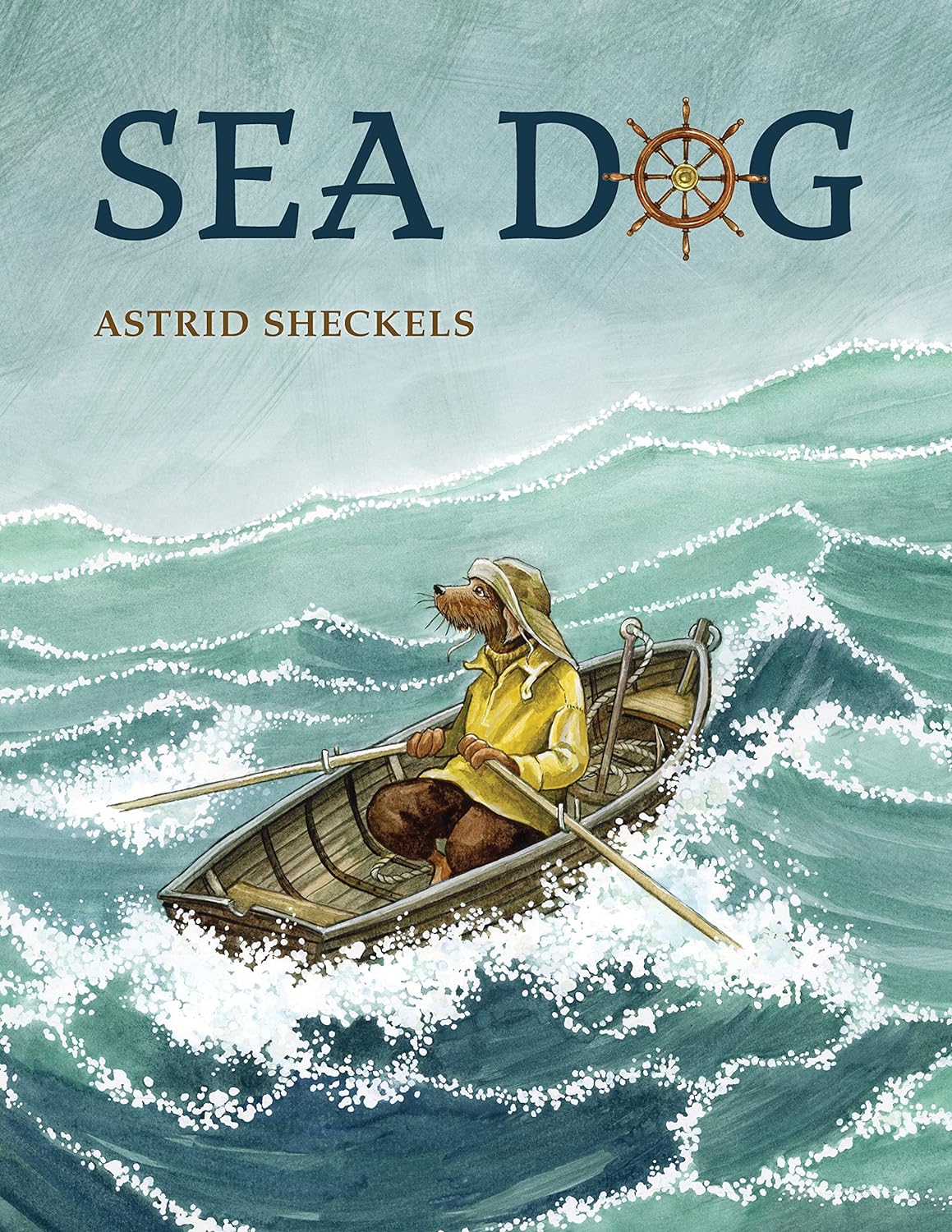 Sea Dog book cover showing a dog in a yellow raincoat rowing a boat through choppy sea waves.