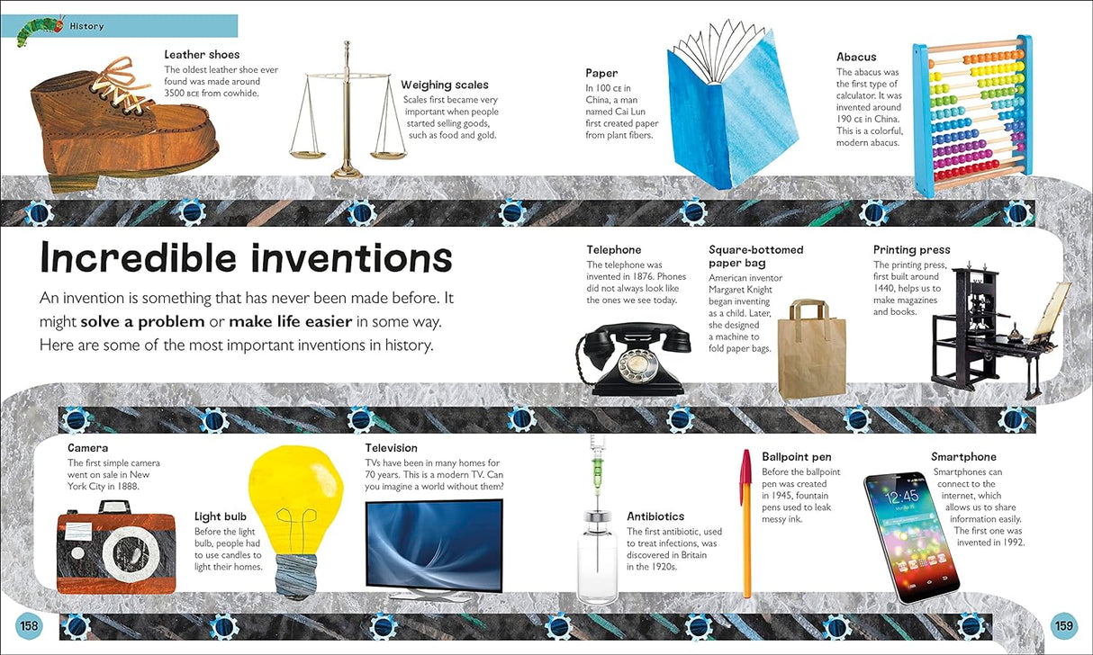 Very Hungry Caterpillar's Very First Encyclopedia open to inventions chapter with colorful illustrations and simple explanations.