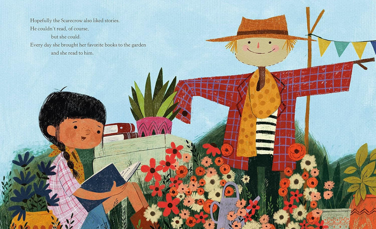 Illustration from Hopefully the Scarecrow showing a girl reading books beside a smiling scarecrow in a colorful garden.