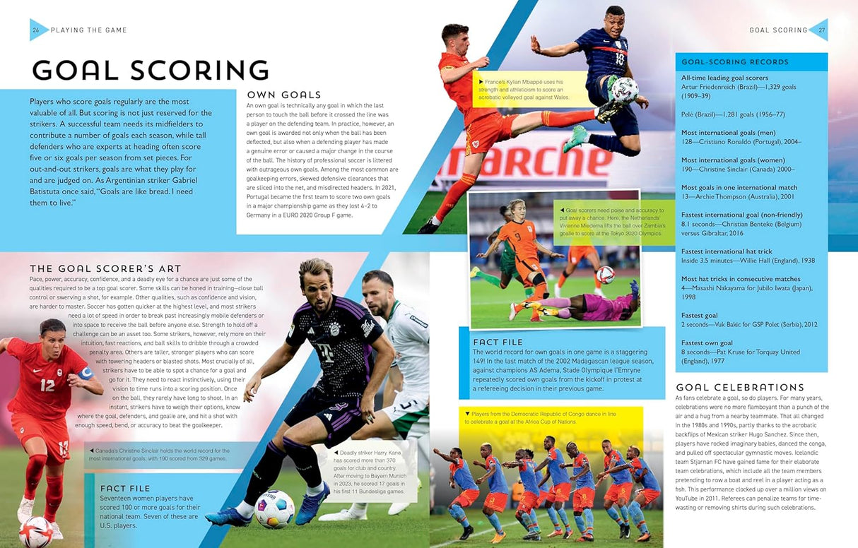 Open pages of a soccer encyclopedia showing goal scoring techniques, player action photos, and game facts.