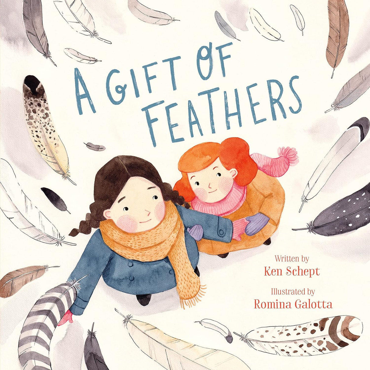 Cover of "A Gift of Feathers" showing two girls surrounded by various illustrated feathers in soft colors.