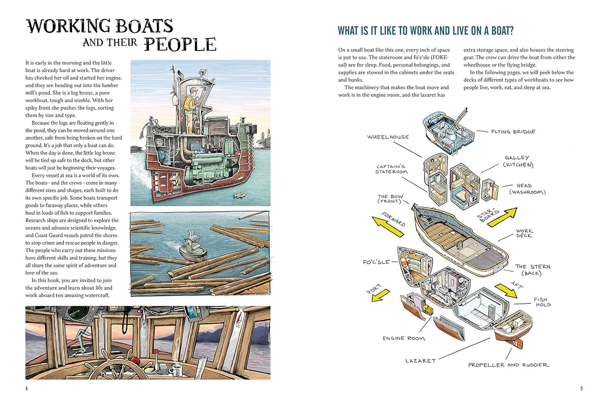 Working Boats book showing detailed cross sections and exploded views of working boats and their mechanics.