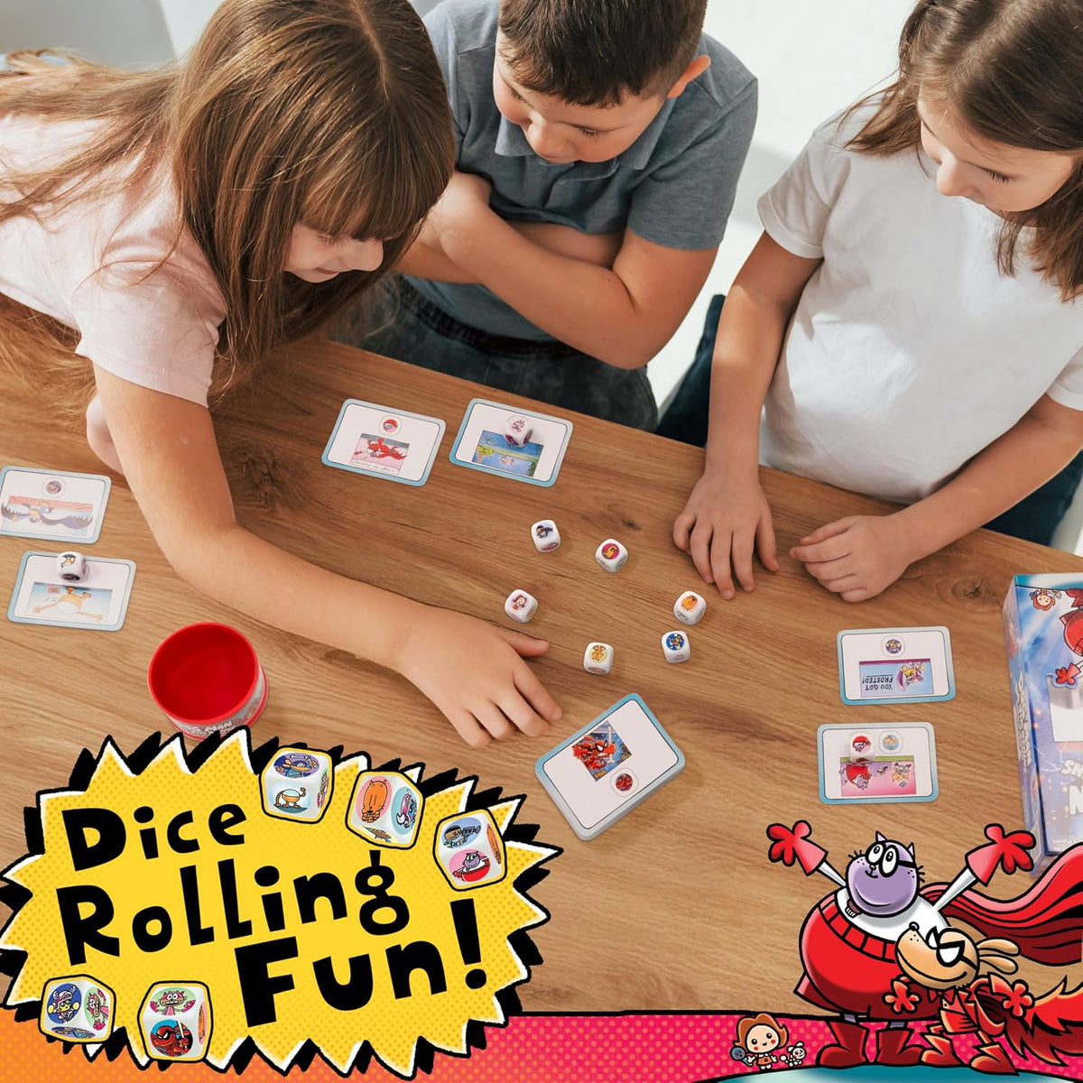Dog Man Big Jim Begins Dice Game with children rolling colorful dice at a table