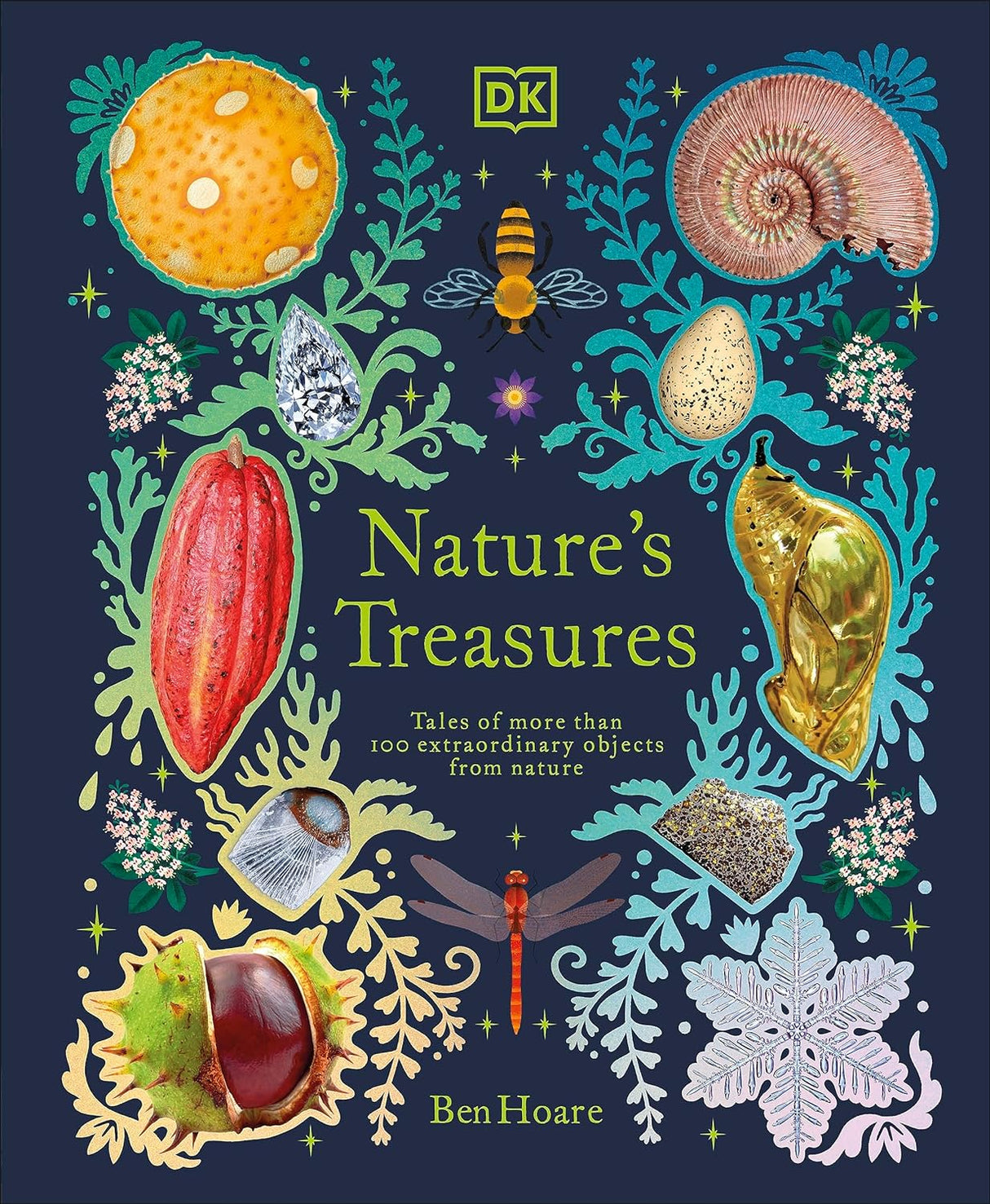 Nature’s Treasures book cover with colorful illustrations of natural objects and animals for young readers.