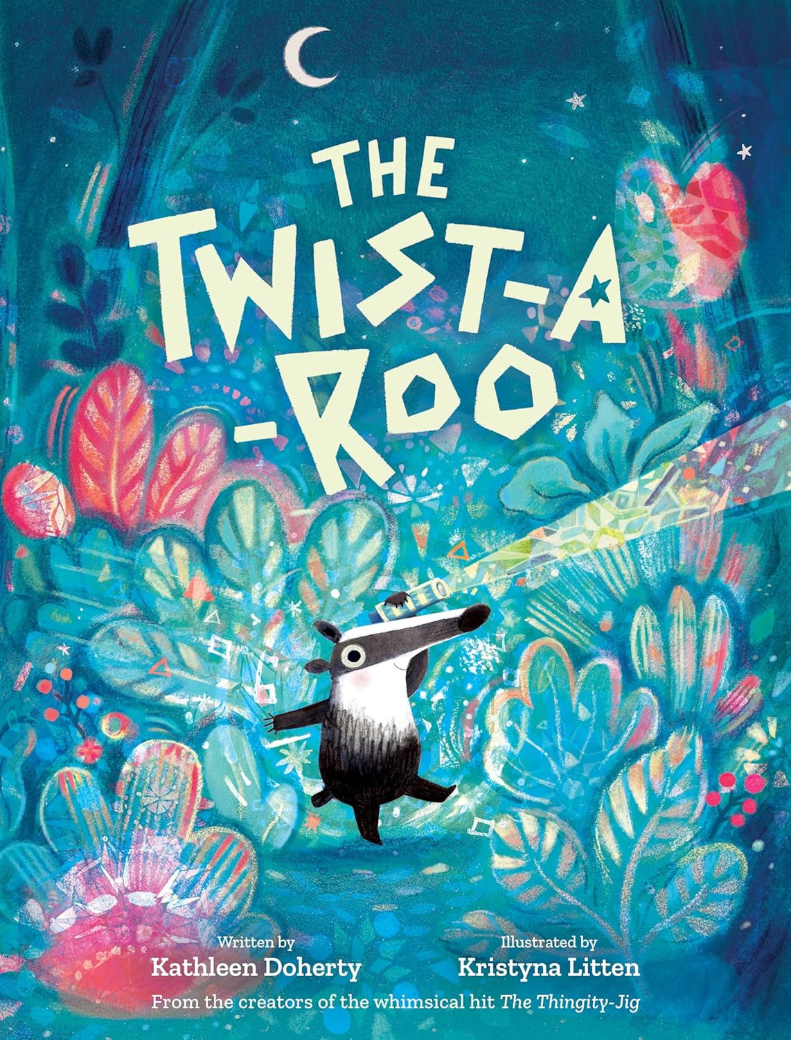 The Twist-A-Roo book cover showing Badger with colorful shapes in a magical forest at night.