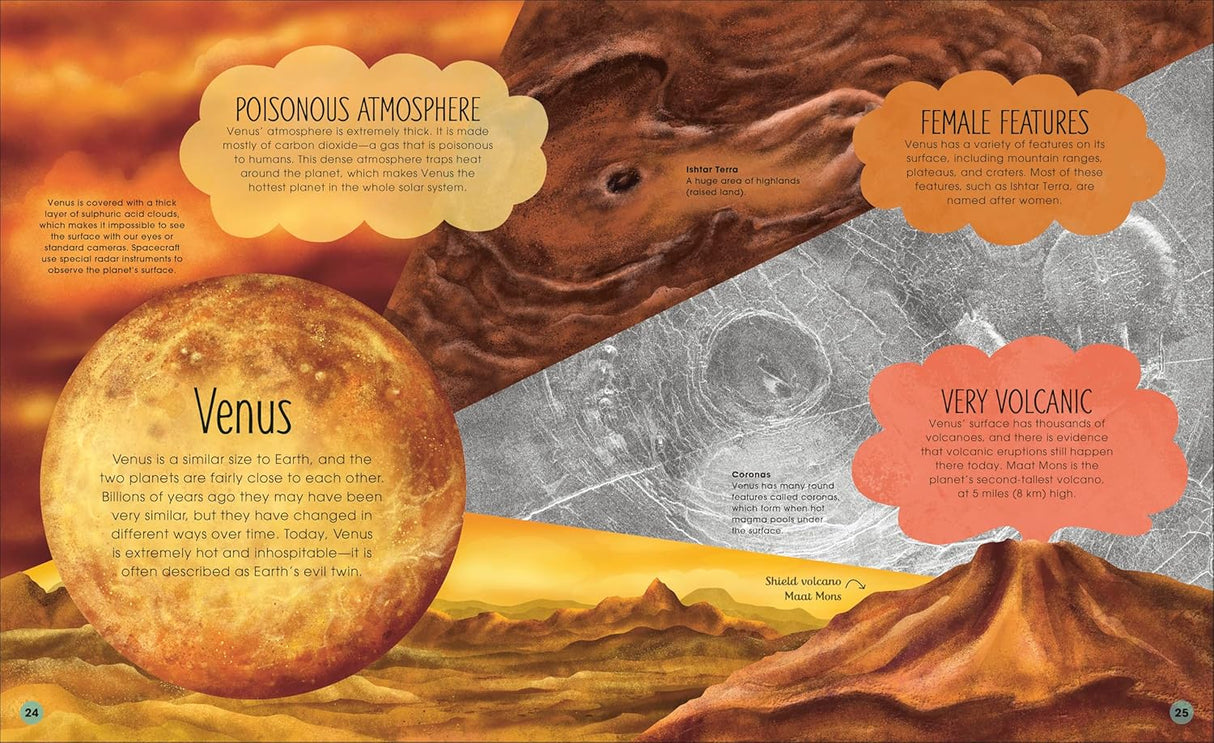The Magic and Mystery of Space showing detailed illustrations and facts about planet Venus and its volcanic surface.