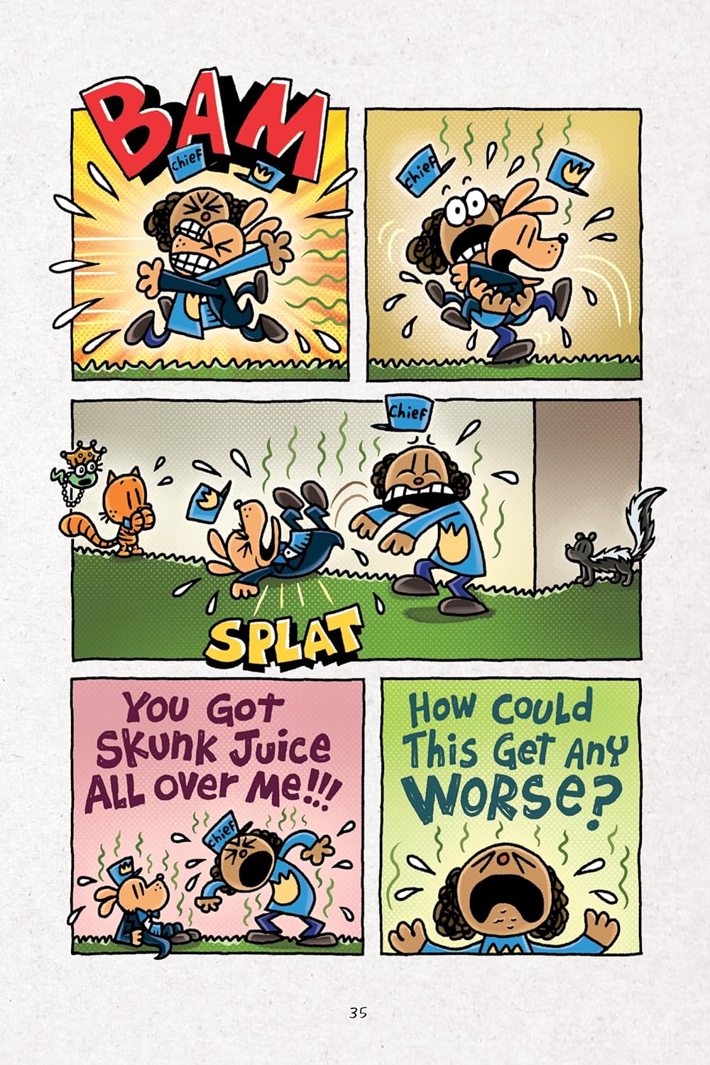 Comic page from Dog Man #12: The Scarlet Shedder showing characters reacting to skunk spray with humorous expressions.