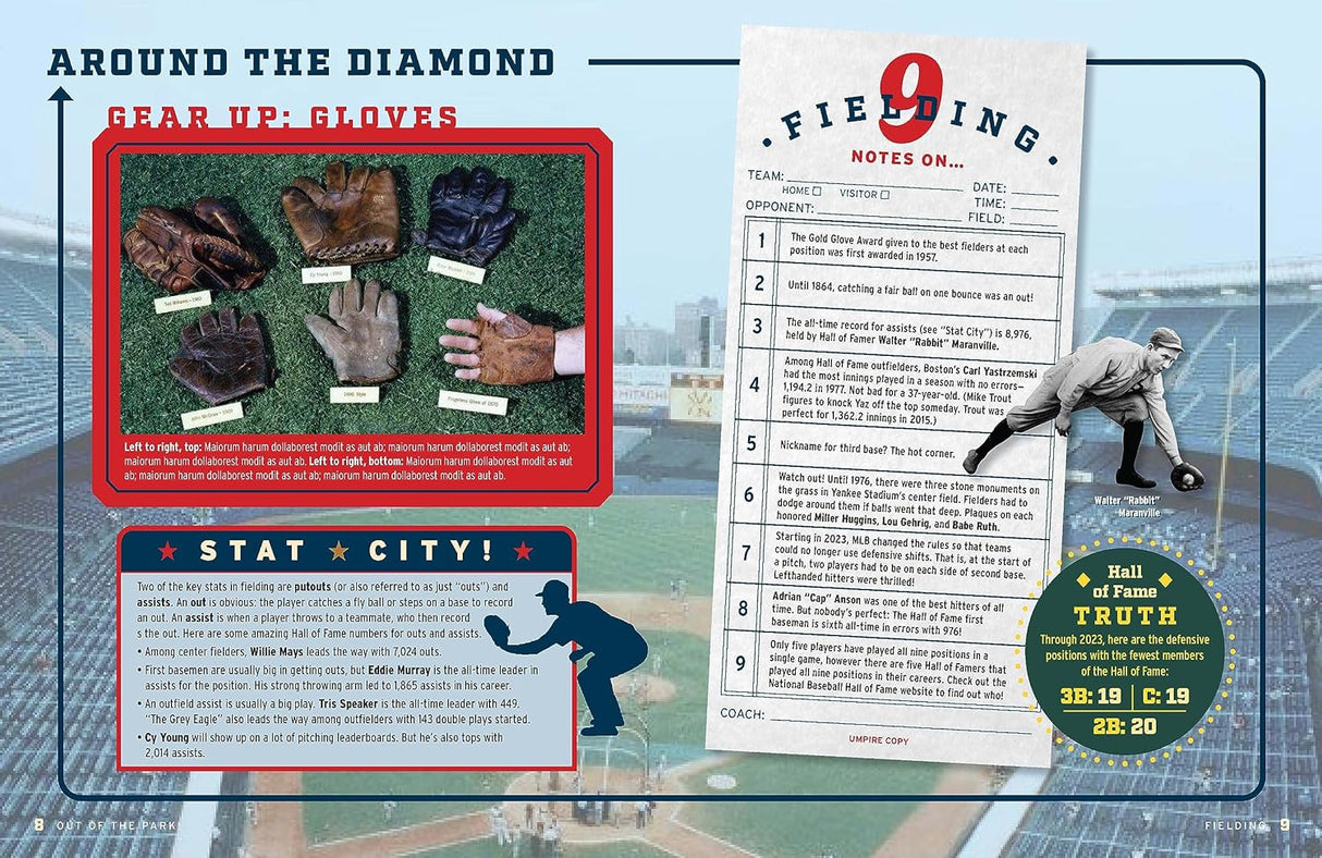Out of the Park! baseball gloves and fielding statistics page featuring Hall of Fame player photos and trivia.