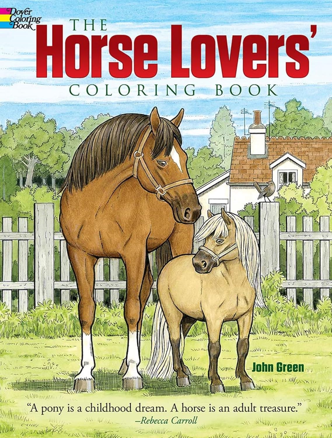 The Horse Lovers' Coloring Book cover shows two horses in a peaceful farm setting with detailed illustrations.