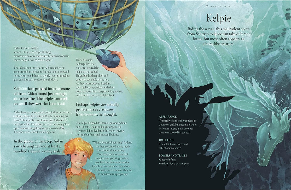 Underwater World - Aquatic Myths, Mysteries, and the Unexplained book showing illustrated kelpie and underwater scenes for children.