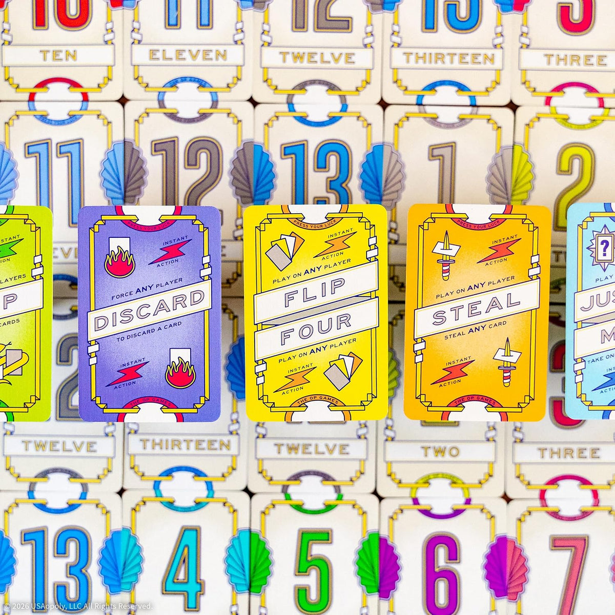 Flip 7: With a Vengance colorful cards featuring numbered and action cards