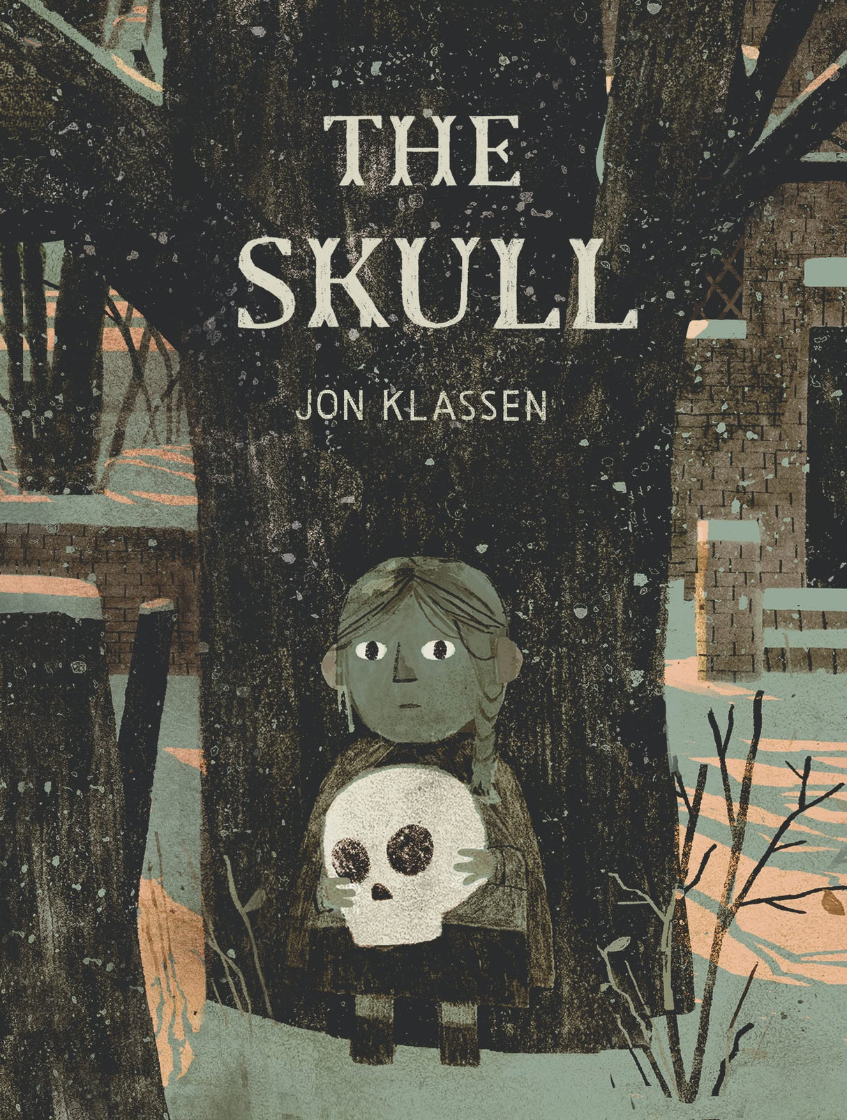 The Skull A Tyrolean Folktale book cover featuring a girl holding a skull in a dark forest by Jon Klassen.