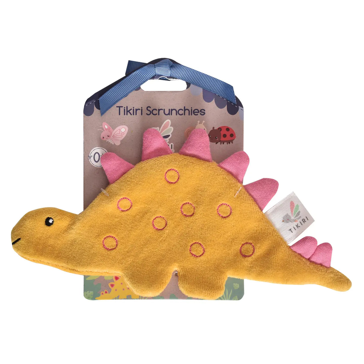 Organic Crinkle Fabric | Stego yellow and pink stegosaurus toy with crinkle paper filling for sensory development.