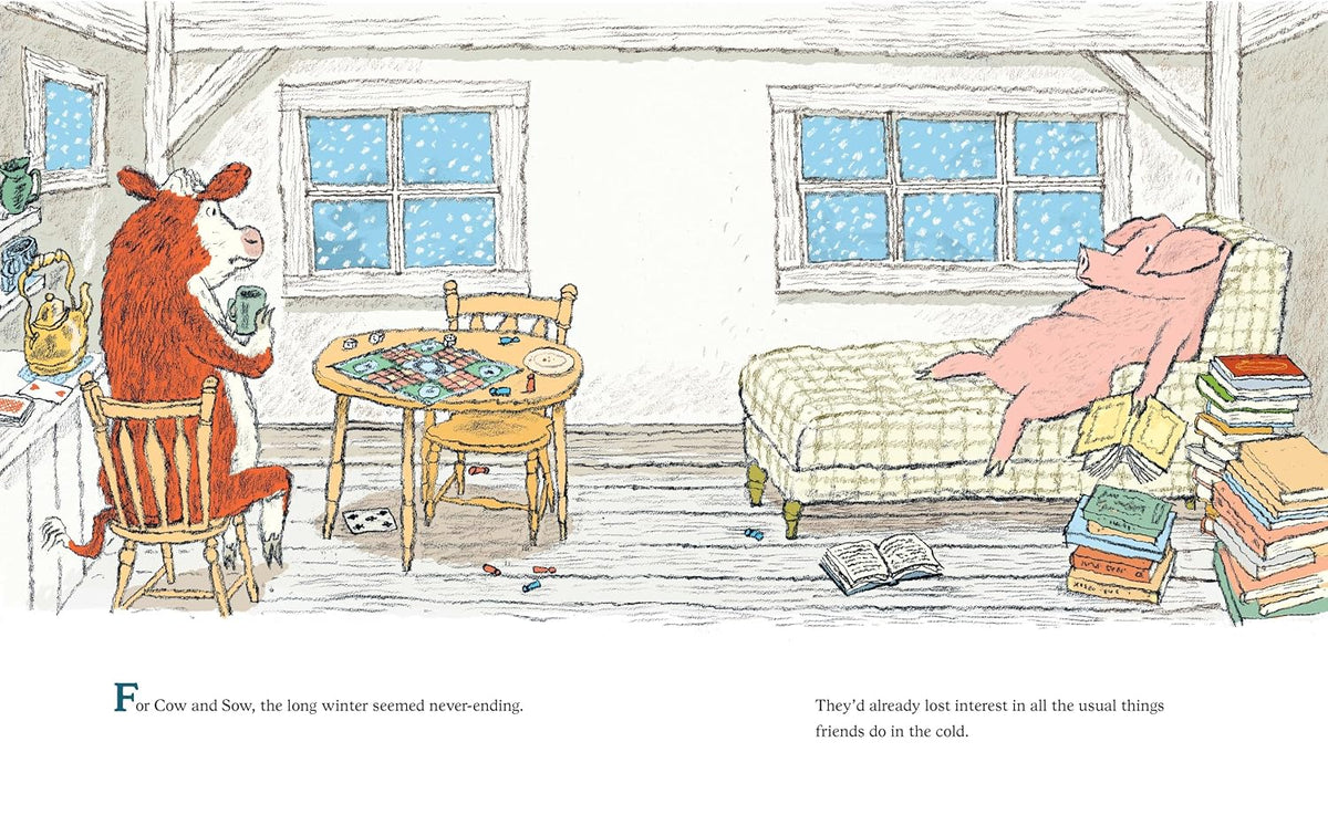 Cow and Sow illustrated book page showing a cow at a table and a sleeping sow on a bed