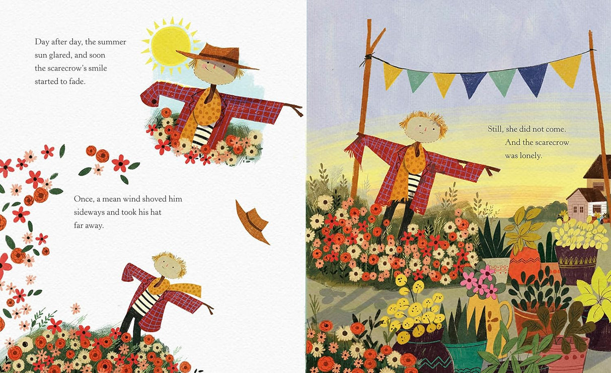 Illustration from Hopefully the Scarecrow showing a lonely scarecrow in a colorful garden with flowers and plants.