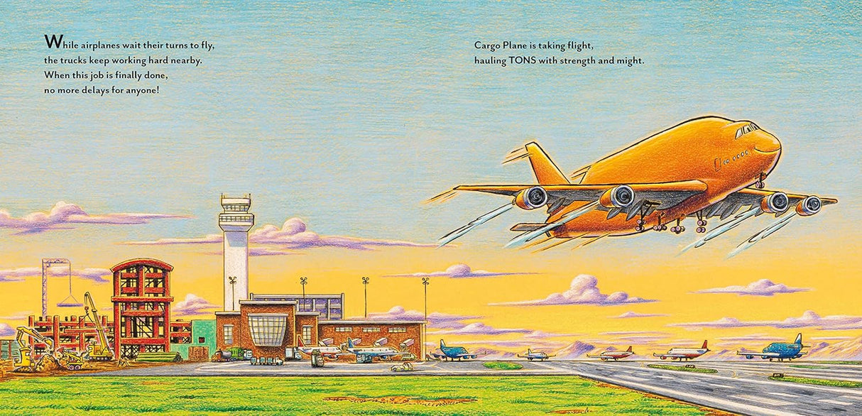 Construction Site: Taking Flight! shows airport vehicles preparing runways while a cargo plane takes off at sunset.