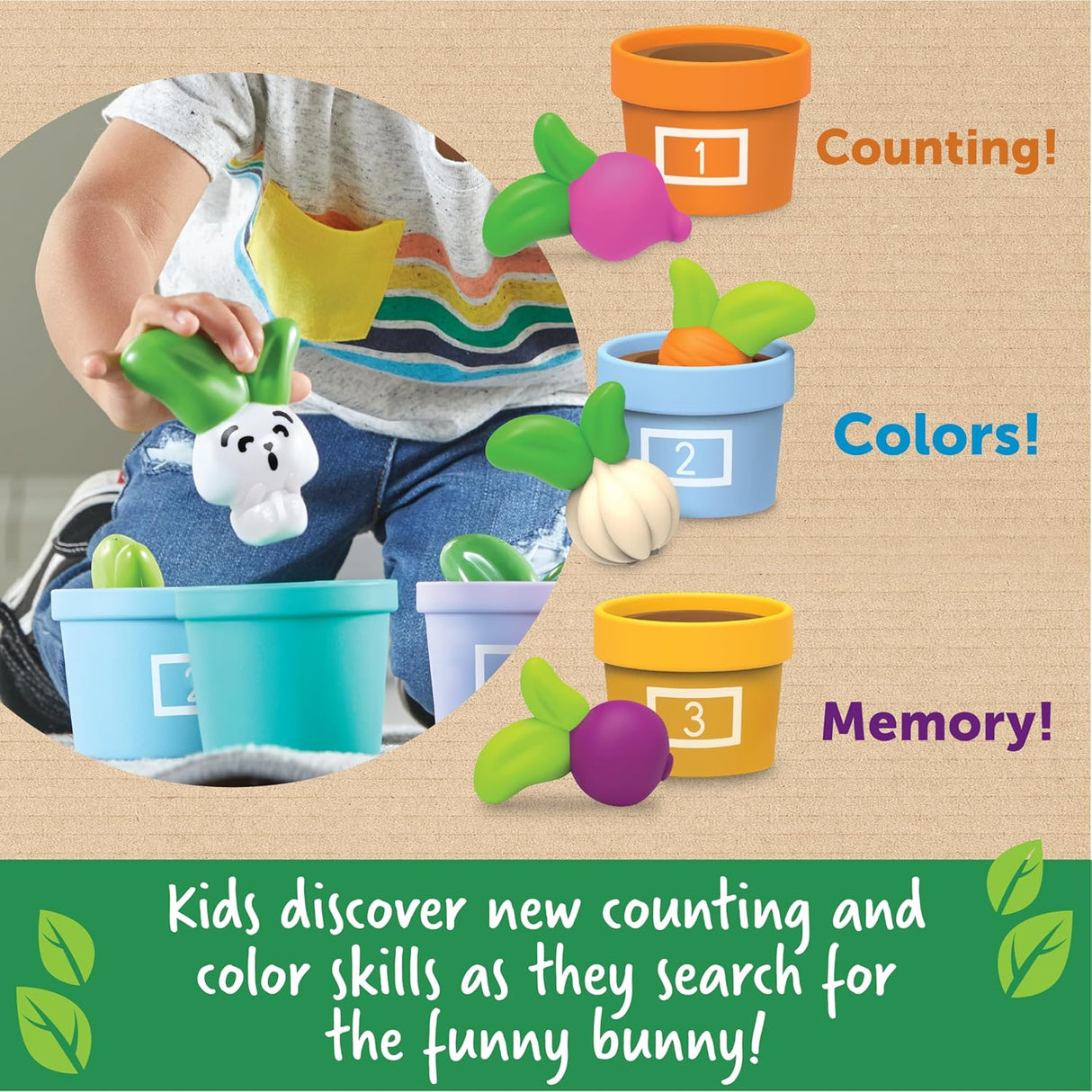 Child playing with colorful garden pots and vegetable toys practicing counting colors and memory skills with a hidden bunny game