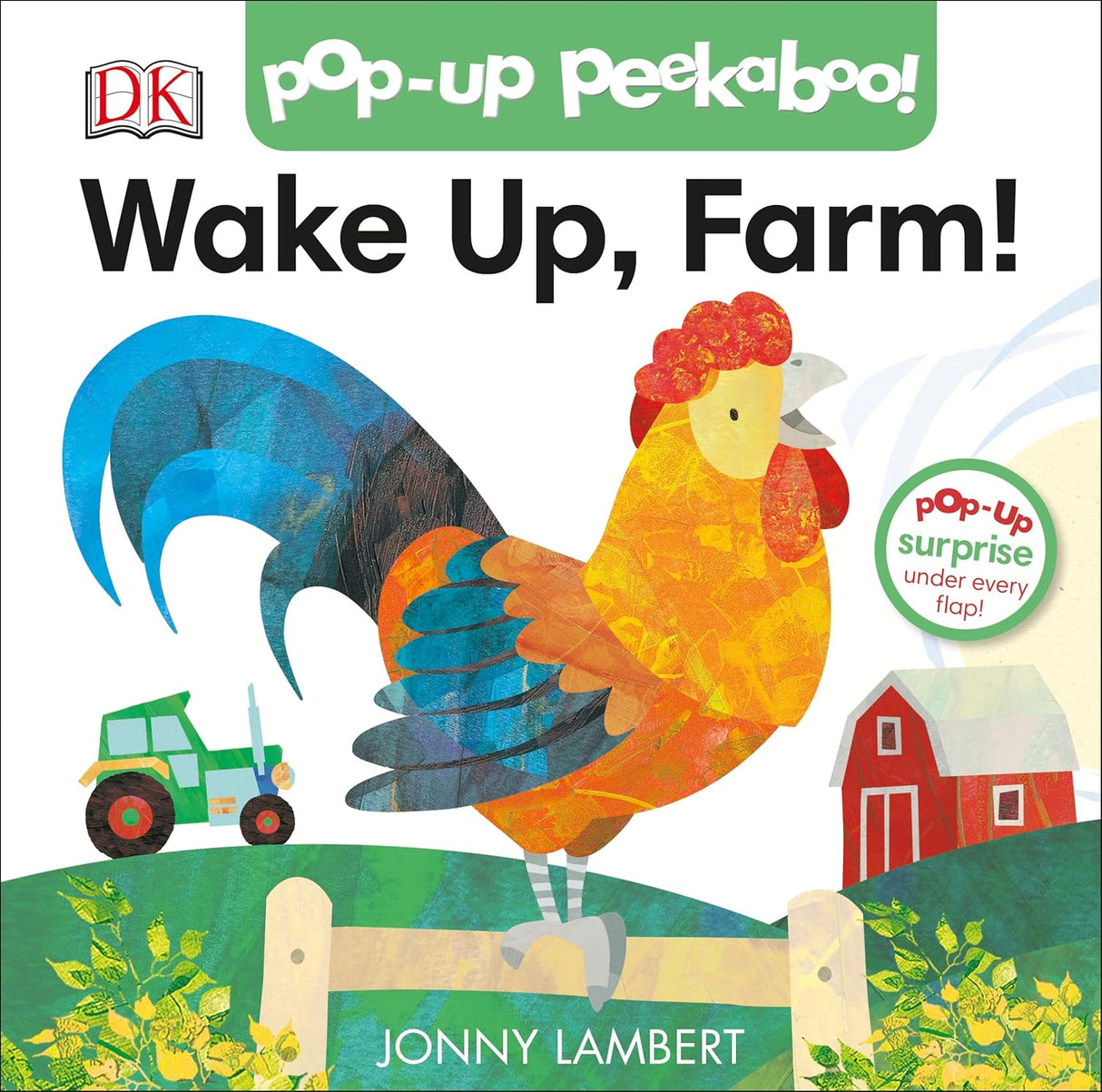 Colorful rooster crowing on a farm with a barn, tractor, and green fields in a children's pop-up book cover.