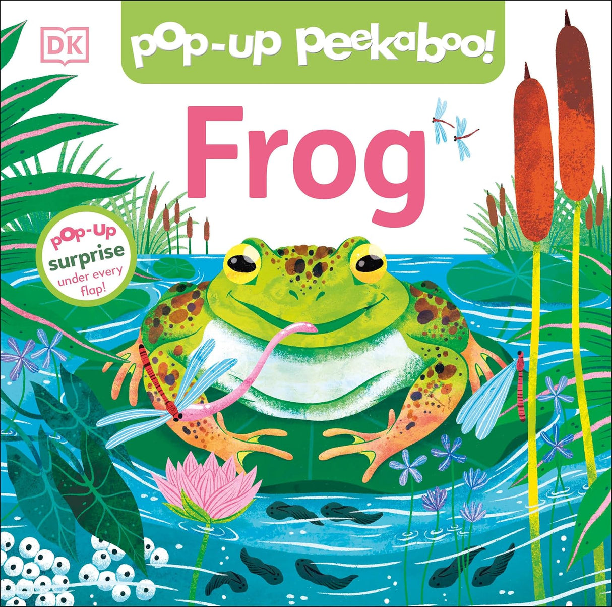 Colorful pop-up book cover with a frog in a pond surrounded by plants and dragonflies for early learning and play.