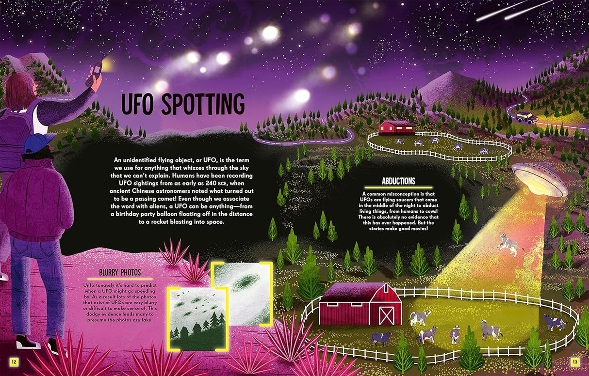 Aliens book cover showing UFO spotting scene with a person taking photos of flying objects over a rural farm at night.