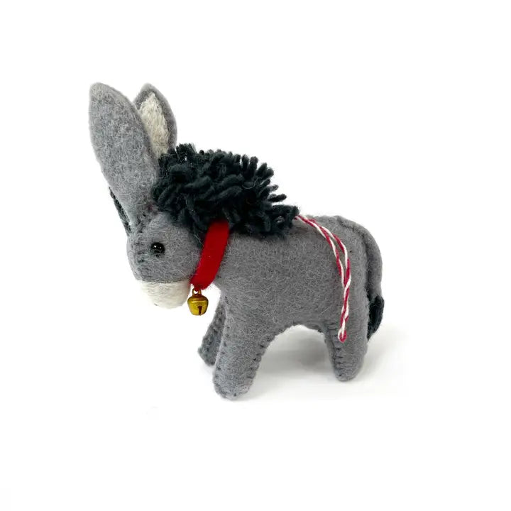 Donkey Felt Ornament made of gray sheep wool with red collar and bell, handmade by artisans in Nepal.
