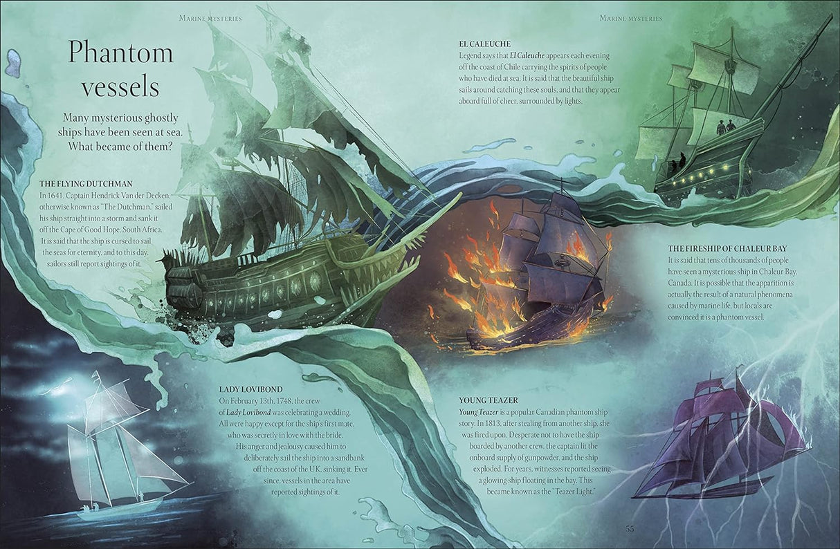 Underwater World - Aquatic Myths, Mysteries, and the Unexplained illustration of ghostly phantom vessels at sea.