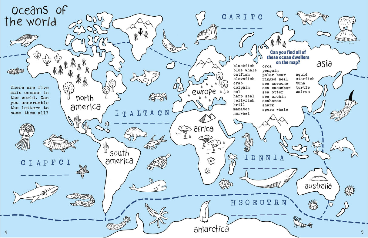 Kids Unplugged Ocean Quest ocean-themed activity book map page showing oceans, continents, and marine animals for kids ages 6 and up.