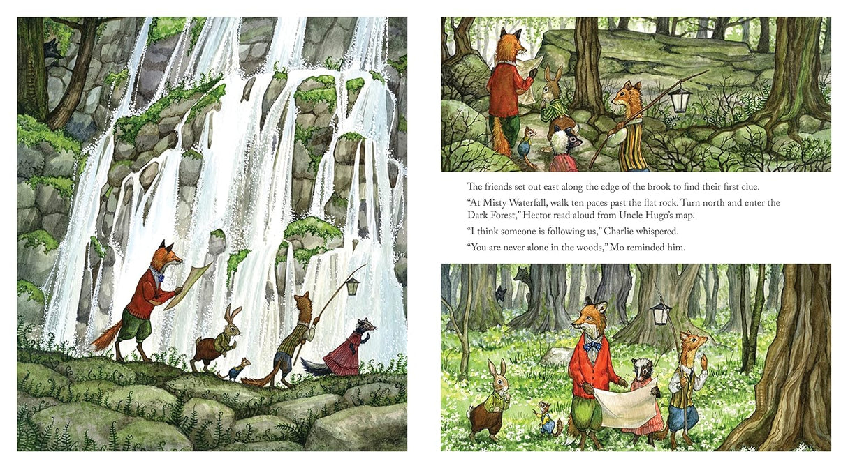 Illustration from Hector Fox & the Map of Mystery showing animals exploring the woods with a map and lantern.